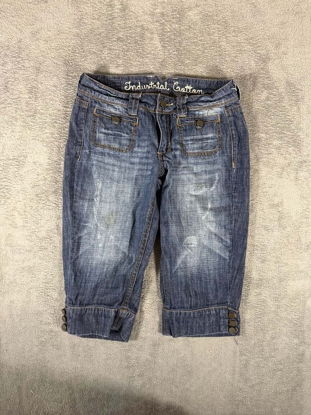Industrial Cotton Capris Size 5 Blue Denim Distressed Y2K